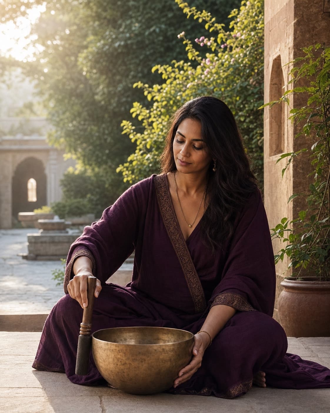 A grounded sound meditation in a sunlit courtyard