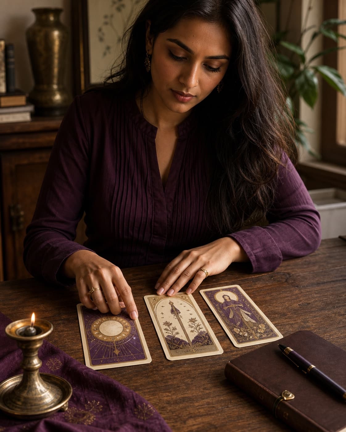 A reflective tarot student arranging illustrated cards at a wooden table